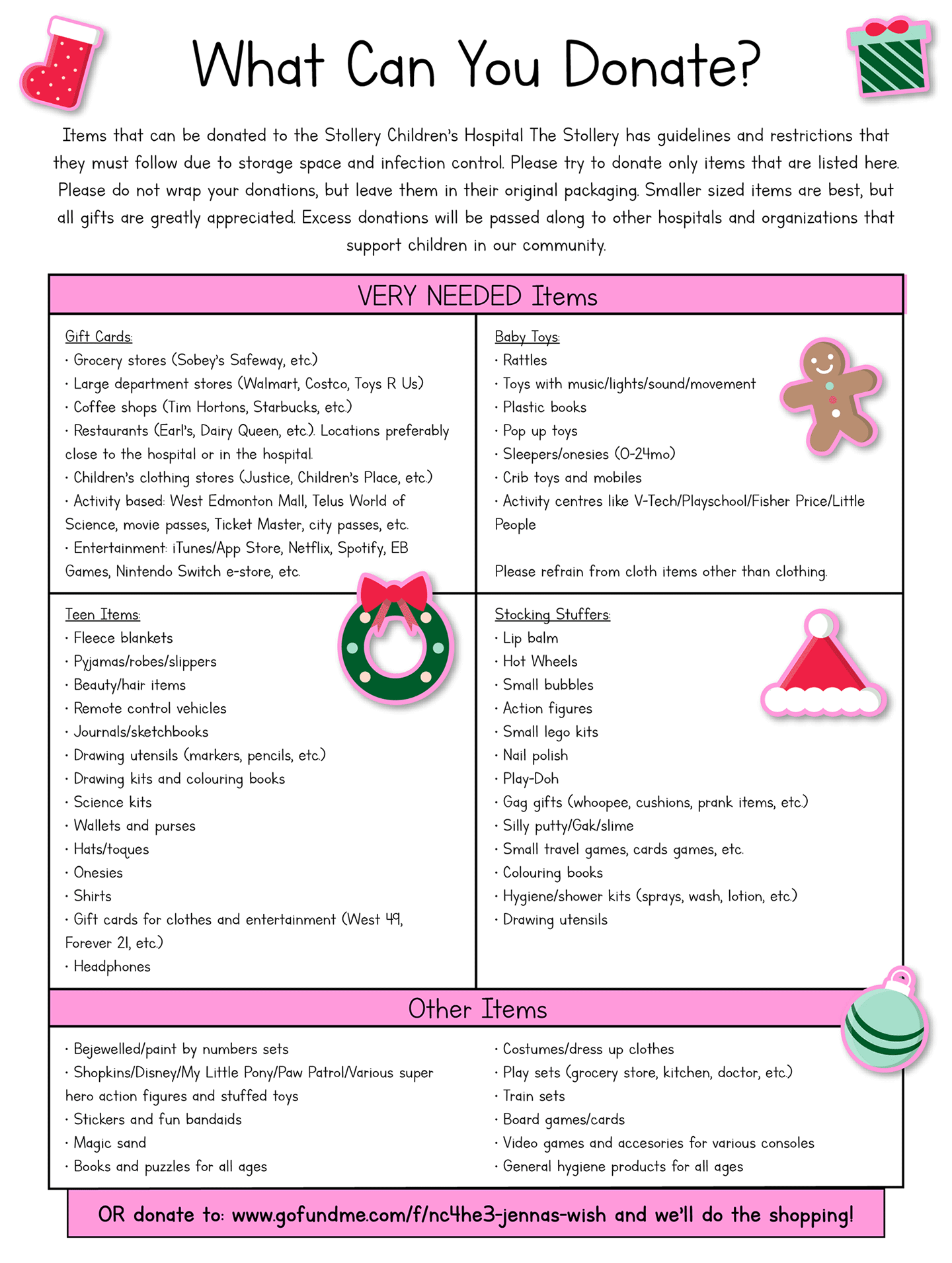 Jenna's Wish donation list